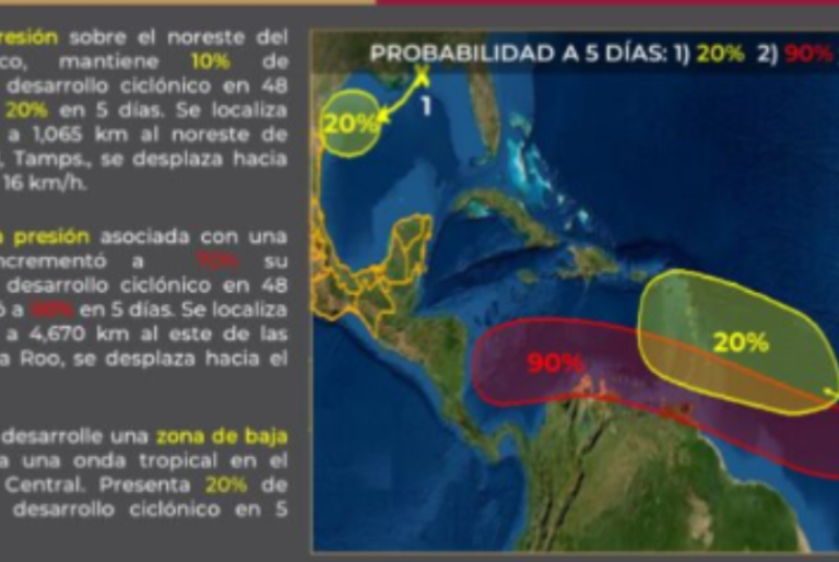 Zona de baja presión al Este de Quintana Roo, con 70% de probabilidad de desarrollo ciclónico